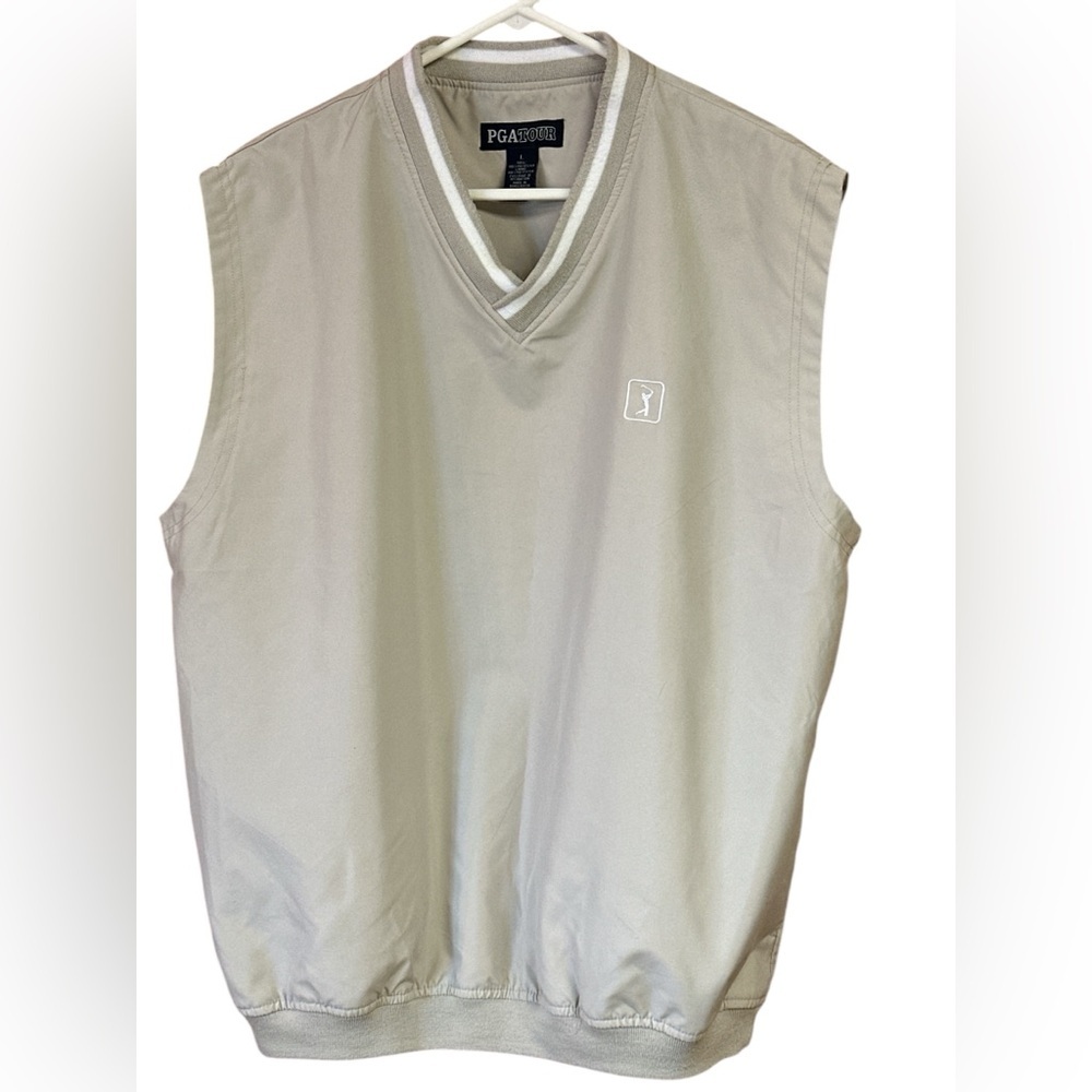 PGA Tour V-Neck Men’s Popover Sleeveless Vest Khaki & White Pockets Large